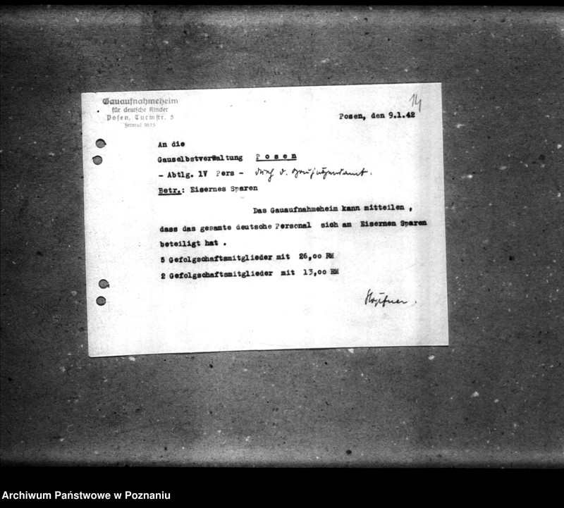 Obraz 18 z jednostki "Schriftwechsel mit der Gauselbsverwaltung [Korespondencja dotycząca spraw gospodarczych, dane o dzieciach, listy personelu niemieckiego]."