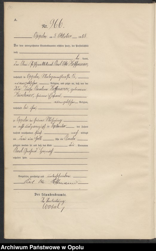 Obraz 14 z jednostki "Urząd Stanu Cywilnego w Opolu 1905 Rejestr Urodzeń miejscowa Nr 958 do 1287"