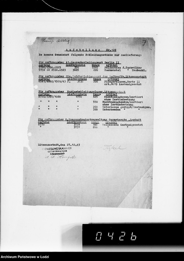 Obraz 11 z jednostki "Aufstellungen. Es kommen demnächst folgende Bekleidungsstücke zur Auslieferung"
