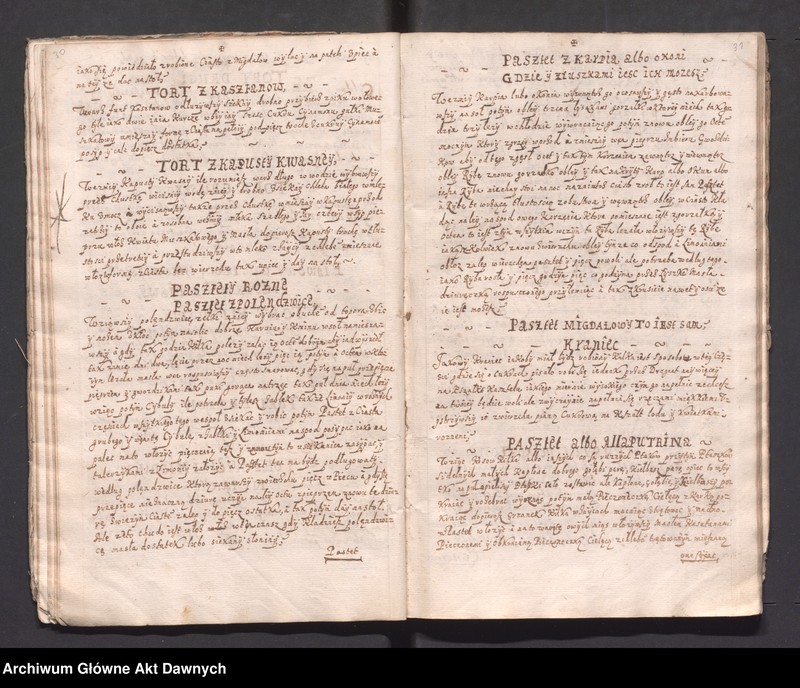 image.from.unit.number "„Moda bardzo dobra smażenia różnych konfektów i innych słodkości, a także przyrządzania wszelakich potraw, pieczenia chleba i inne sekreta gospodarskie i kuchenne” (brak karty tytułowej, wycięta w celu zatarcia proweniencji)."