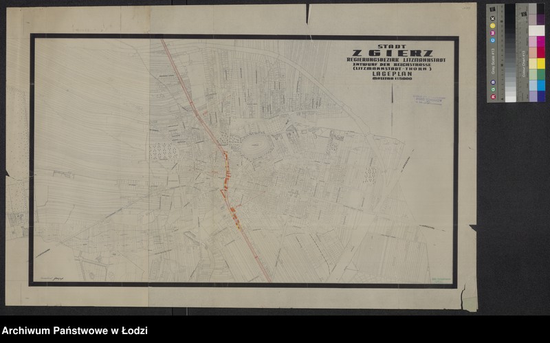 Obraz 1 z jednostki "Stadt Zgierz. Regirungsbezirk Litzmannstadt. Entwurf der Reichstrasse (Litzmannstadt-Thorn). Lageplan"