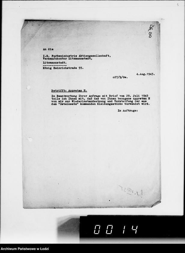 Obraz 12 z jednostki "[Korespondencja firm niemieckich oferujących dostawę środków chemicznych, farb, maszyn wiertniczych, tokarek i innych urządzeń oraz wapna dla zakładów produkcyjnych w Getcie].I-J-K."