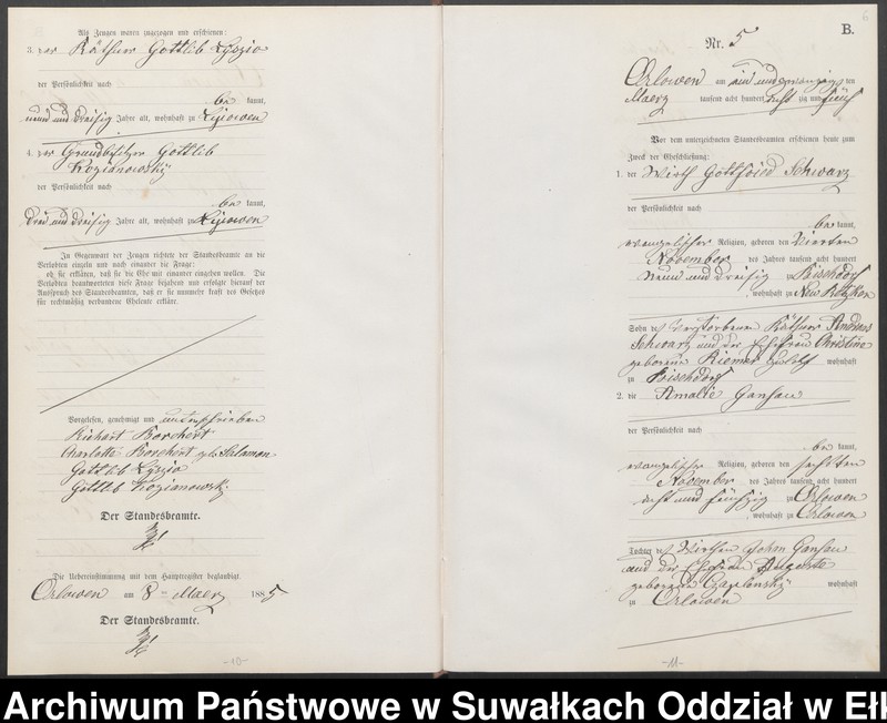 image.from.unit.number "Heiraths-Neben-Register des Preussischen Standes-Amtes Orlowen Kreis Loetzen für das Jahr 1885"