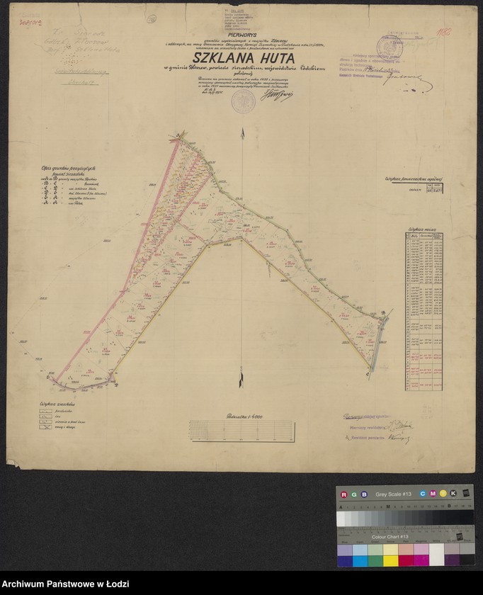 Obraz 1 z jednostki "Pierworys gruntów wydzielonych z majątku Złoczew i oddanych na mocy orzeczenia Okręgowej Komisji Ziemskiej z dnia 23 września 1931 roku w zamian za serwituty leśne i pastwiskowe na własność wsi Szklana Huta w gminie Złoczew (...) położonej"