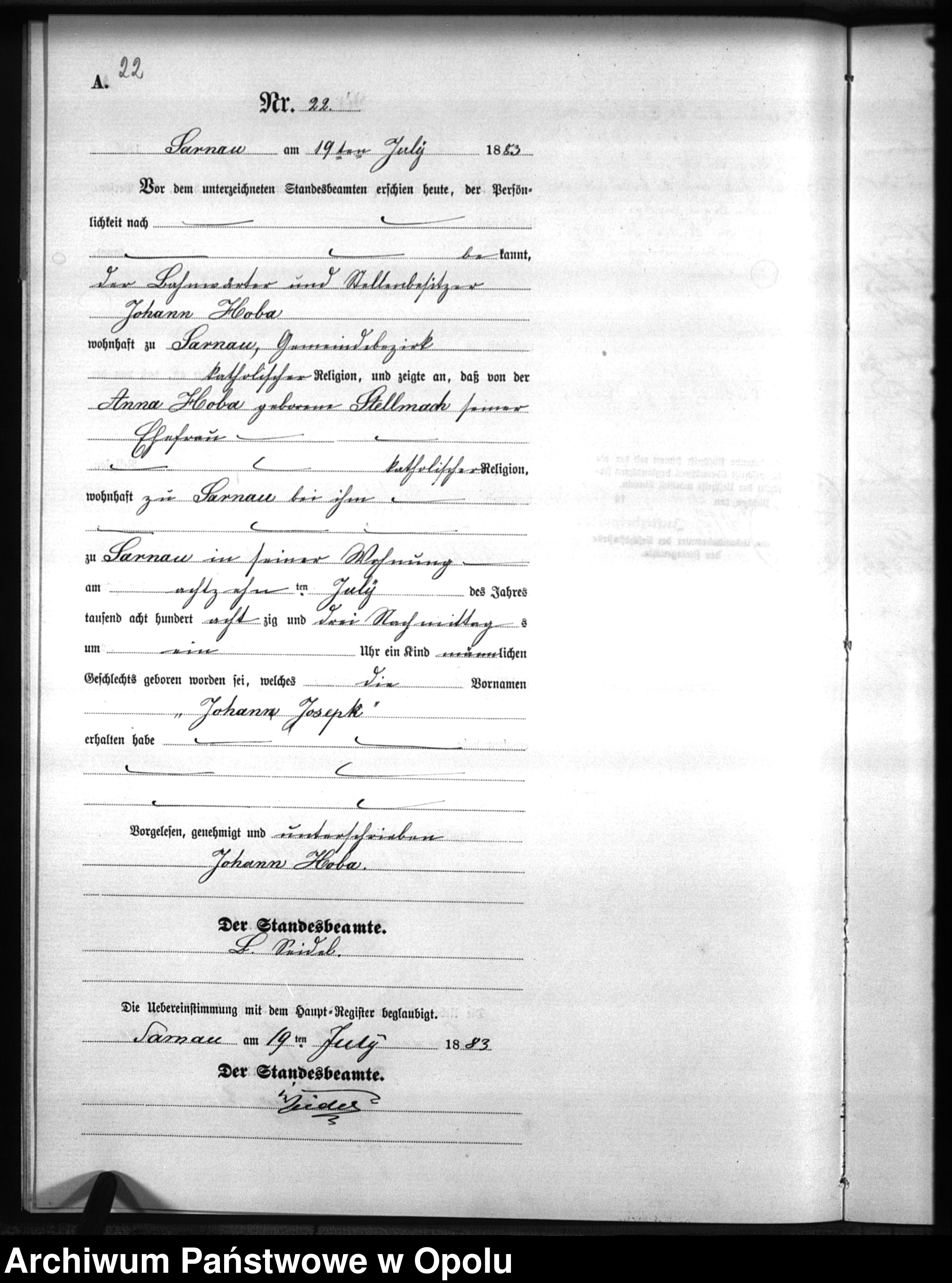 Skan z jednostki: Geburts-Neben-Register Standesamts Bischdorf pro 1883