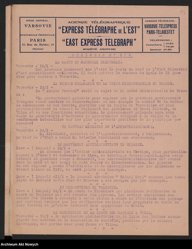 Obraz 15 z jednostki "Agence Télégraphique "Express Télégraphe de l
