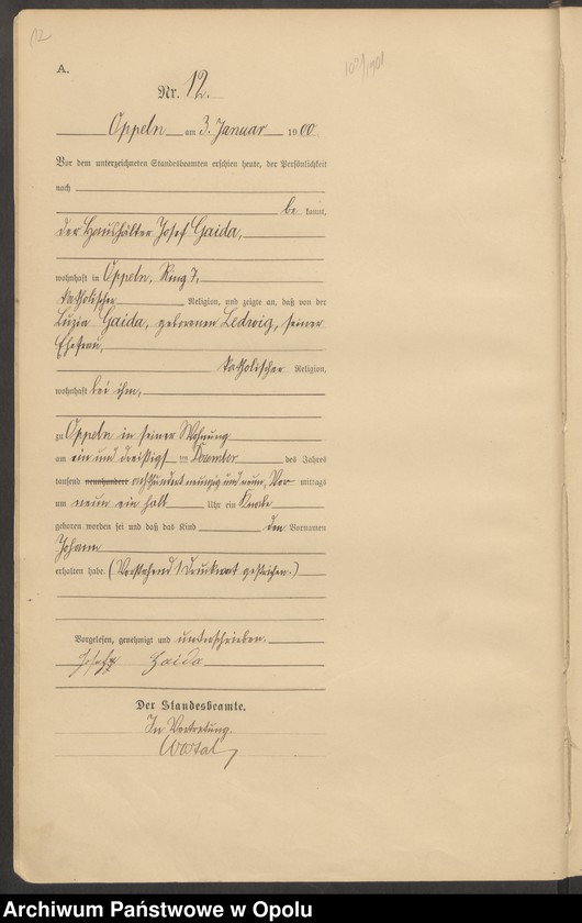 Obraz 16 z jednostki "Urząd Stanu Cywilnego w Opolu 1900 Rejestr Urodzeń Księga Miejscowa Nr 1 do 674"