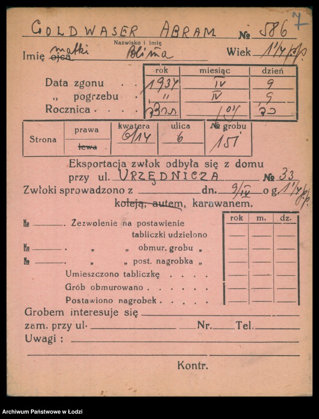 Obraz 8 z jednostki "Kartoteka osób pochowanych na cmentarzu żydowskim przy ulicy Brackiej w latach 1892-1959. Nazwiska na litery: Goldw-Gö"