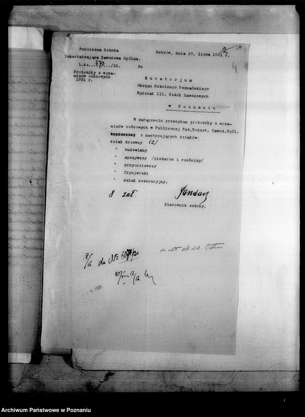 Obraz 7 z jednostki "Publiczna Szkoła Dokształcająca Zawodowa Ogólna- Ostrów Wielkopolski [protokoły z egzaminu końcowego]"
