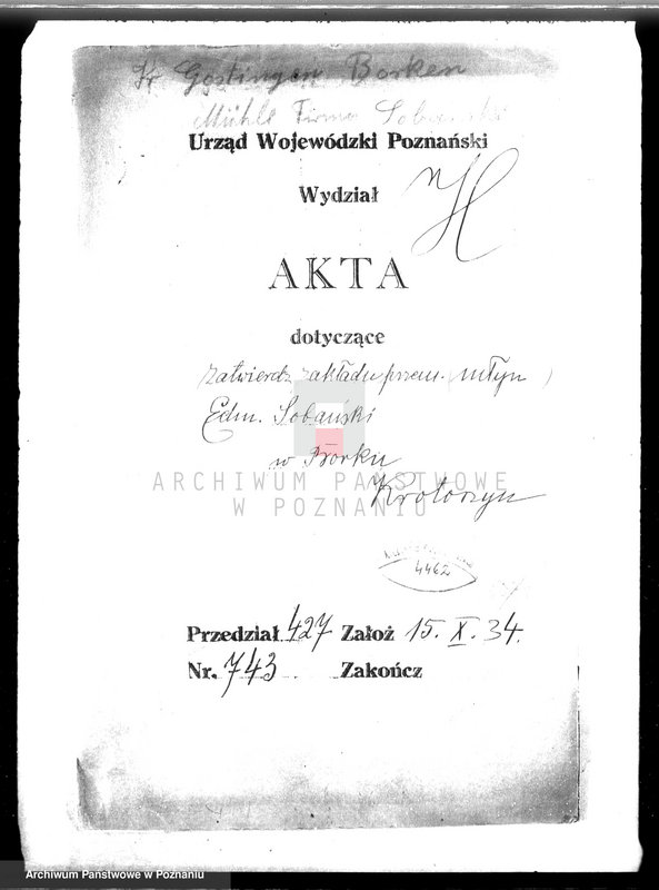 image.from.unit.number "Zatwierdzenie zakładu przemysłowego /młyna/ w Borku, pow. krotoszyński własność E. Sobańskiego"