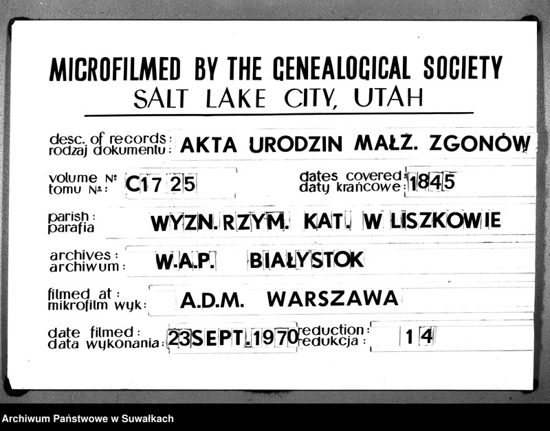image.from.unit.number "Księga Duplikat Aktów Urodzenia, Zaślubienia i Zeyscia Parafii Liszkowskiey za rok 1845"
