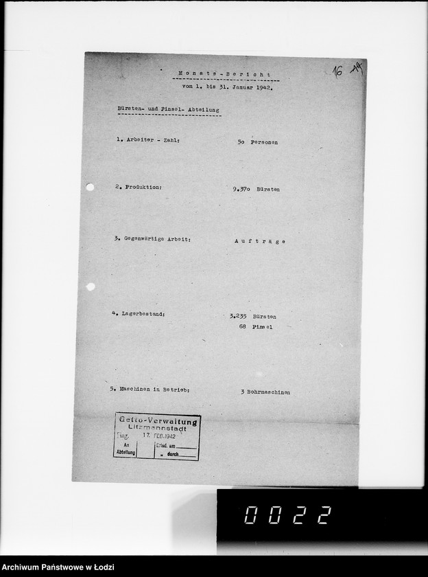 Obraz 20 z jednostki "Organisations im Getto. [Sprawozdania z działalności resortów i wydziałów administracji gettowej; produkcja, ruch ludności, sprawy policyjne]"