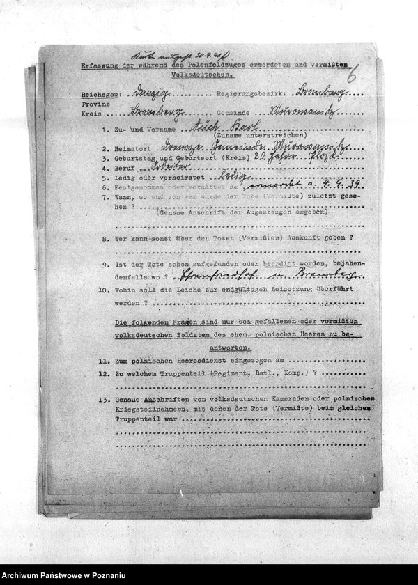 Obraz 10 z jednostki "Zgłoszenia zmarłych i zaginionych miejscowych Niemców w 1939 roku - powiat bydgoski"