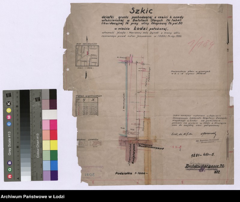 Obraz 1 z jednostki "Szkic działki gruntu pochodzącej z części byłej osady włościańskiej w Bałutach Starych Numer tabeli likwidacyjnej 14 przy ulicy Okopowej Numer policyjny 30 w mieście Łodzi położonej, własność Józefa i Marianny małżonków Dynek z mocy aktu zeznanego przed notariuszem Jonszerem w 1889 roku Numer repertorium 1300"