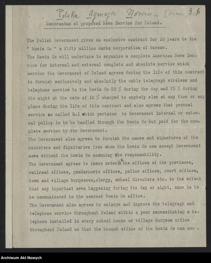 image.from.unit.number "Materiały w sprawie utworzenia Polskiej Agencji Telegraficznej. Memoriały, korespondencja"