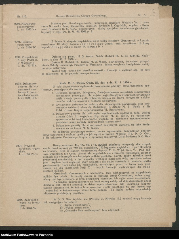 Obraz 5 z jednostki "/Rozkazy Dowództwa Okręgu Generalnego w Poznaniu/, nr 116-140."