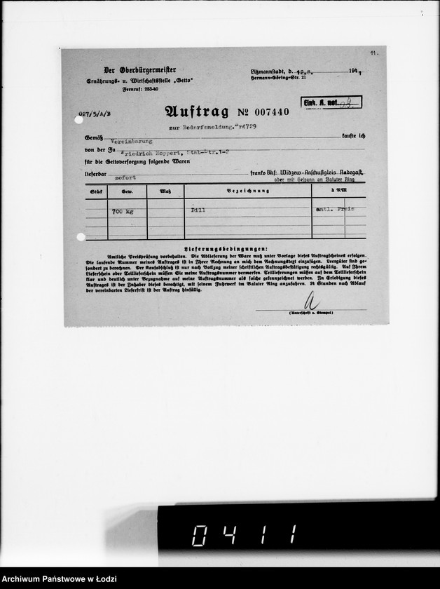 Obraz 15 z jednostki "[Upoważnienia do odbioru produktów żywnościowych i innych materiałów dostarczanych dla Getta] Auftragskopien"