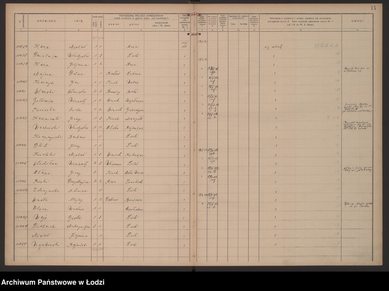 Obraz 17 z jednostki "Księga kontroli ruchu ludności (rejestr osób przybywających do gminy) Łódź, komisariat VIII, ks. V, nr 11249-11615"