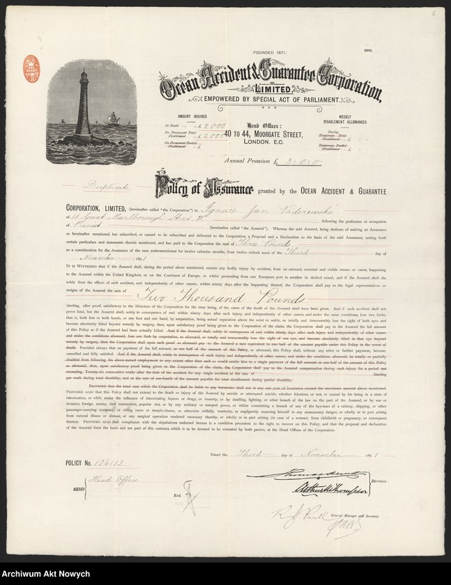 image.from.unit.number "Europejskie towarzystwa ubezpieczeniowe. Polisy, przekazy, zestawienia, korespondencja"