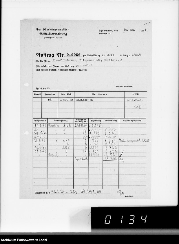 Obraz 16 z jednostki "Lebensmitteleinkauf. Aufträge, [Lieferscheinen und Rechnungen] 19941-19960 [Dostawa artykułów pierwszej potrzeby do Getta]"