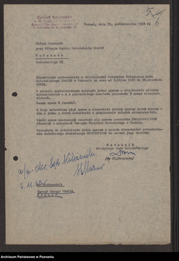 image.from.unit.number "Sprawozdania z działalności Rzecznika Okręgowego Sądu Koleżeńskiego za lata 1960 - 1967."