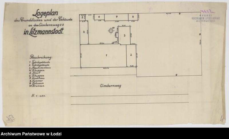Obraz 1 z jednostki "Lageplan des Grundstückes und der Gebäude an der Cimberweg 6-8 in Litzmannstadt"