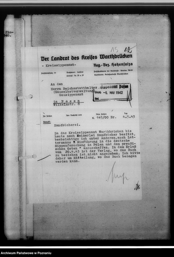 Obraz 19 z jednostki "[Korespondencja w sprawach organizacyjnych, sprawozdanie z działalności], Kreissippenamt Warthbrücken [Koło]"