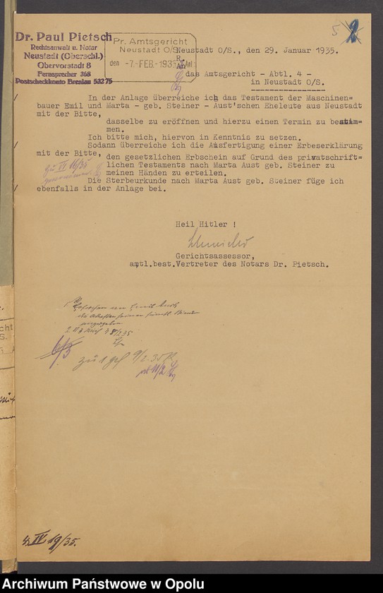 image.from.unit.number "Verfügung von Todes wegen des Maschinenbauers Emil Aust und seiner Ehefrau Marta geb[orene] Steiner in Neustadt"