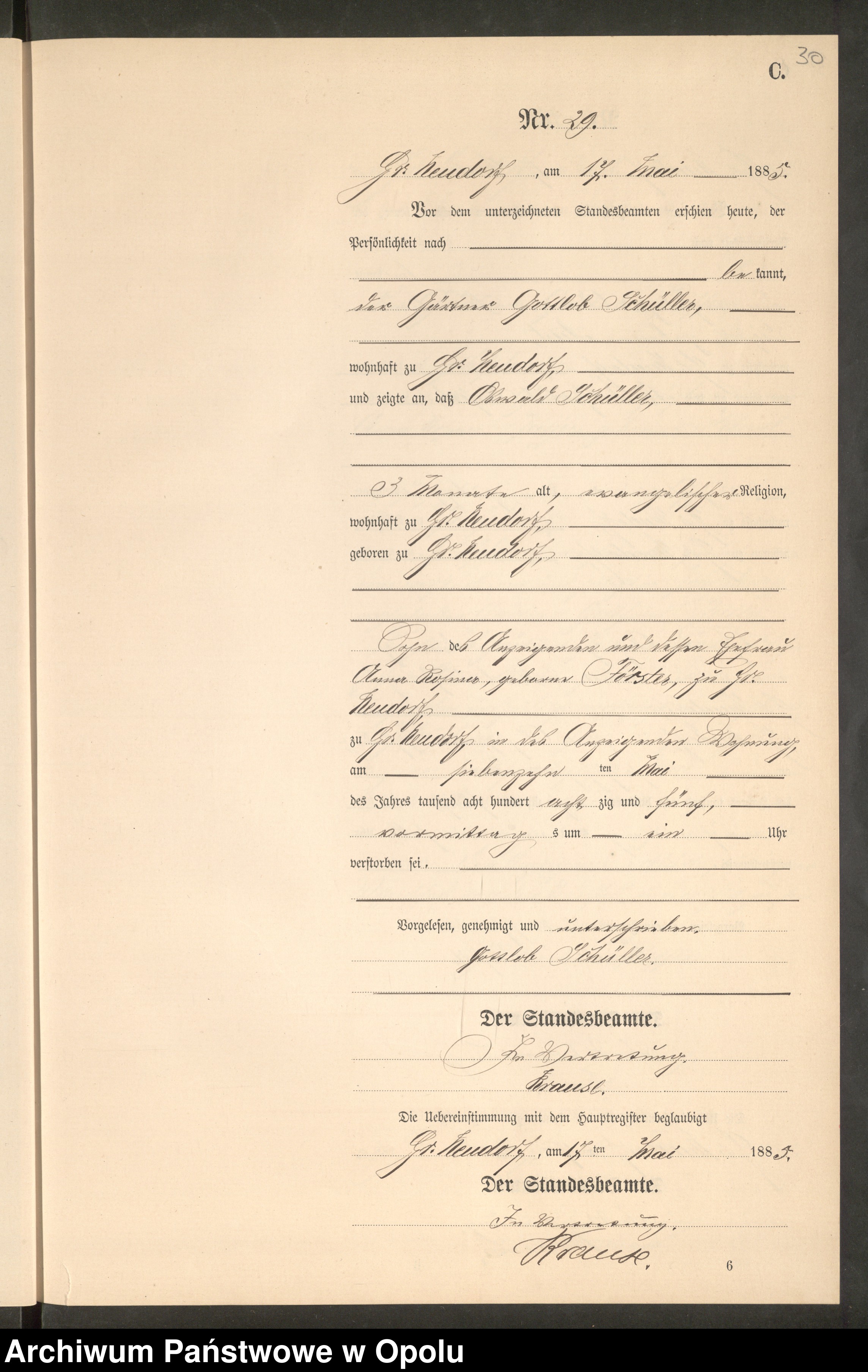 Skan z jednostki: Sterbe-Neben-Register Standes-Amt Gr.[oss] Neudorf 1885
