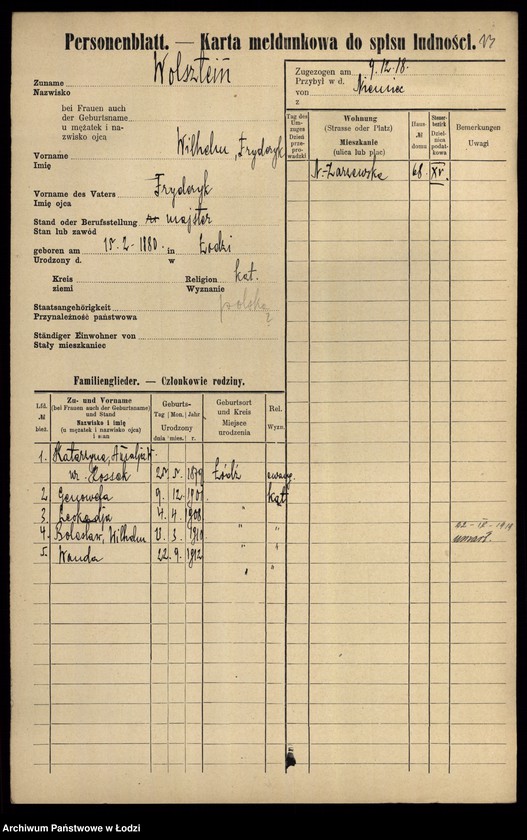 Obraz 15 z jednostki "[Spis ludności Łodzi] Wolsztajn - Wołoszyński"