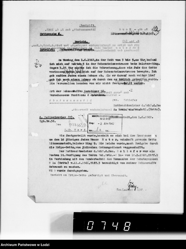 Obraz 19 z jednostki "Berichte der Polizei und Kripo [o zastrzeleniu Żydów uciekających z Getta i zatrzymaniu przemytników]"