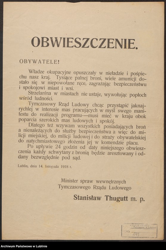Obraz 10 z kolekcji "Tymczasowy Rząd Ludowy Republiki Polskiej w Lublinie - próby organizacji polskiej państwowości w przededniu odzyskania niepodległości111"