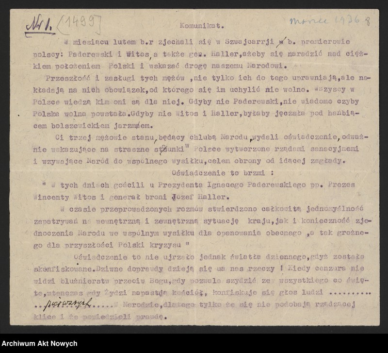 image.from.unit.number "Zjazd w Morges. Komunikaty, projekt oświadczenia I. J. Paderewskiego (rękopis W. Witosa), uchwała"