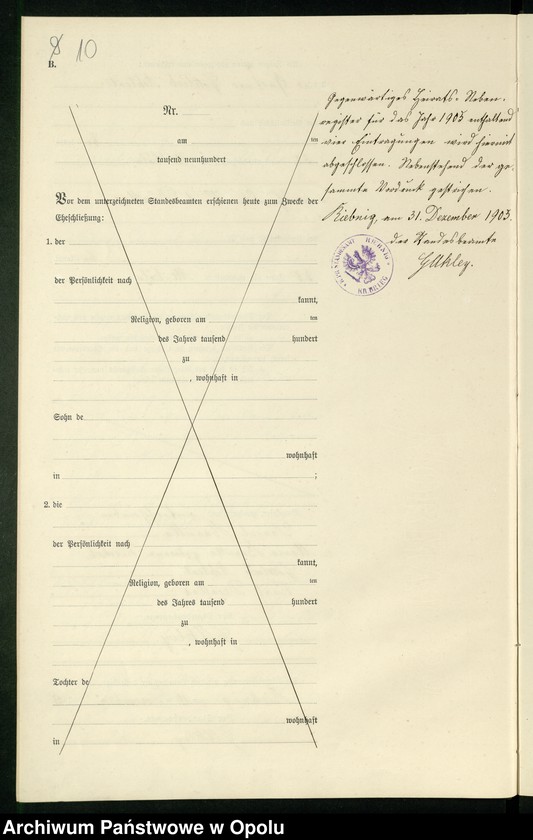 Obraz 13 z jednostki "Heiraths-Neben-Register Standes-Amt Riebnig 1905"