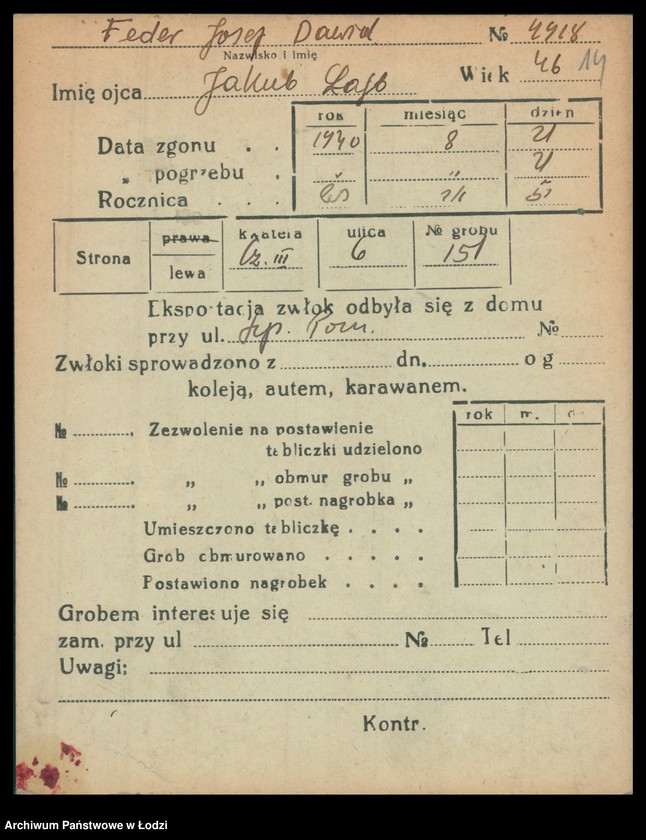 Obraz 15 z jednostki "Kartoteka osób pochowanych na cmentarzu żydowskim przy ulicy Brackiej w latach 1892-1961. Nazwiska na litery: Fe-Fisch"