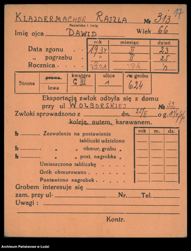 Obraz 18 z jednostki "Kartoteka osób pochowanych na cmentarzu żydowskim przy ulicy Brackiej w latach 1892-1959. Nazwiska na litery: Kl-Kn"