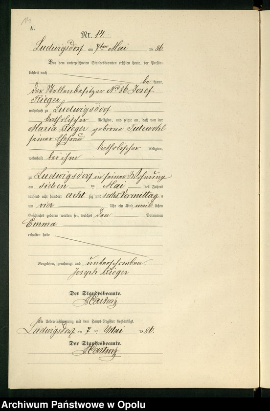 Obraz 18 z jednostki "Geburts-Neben-Register des Standesamts Ludwigsdorf pro 1886"