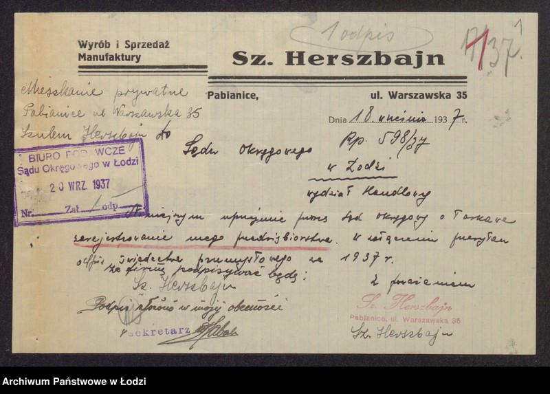 Obraz 3 z jednostki "Szulem Herszbajn- wyrób i sprzedaż manufaktury w Pabianicach"