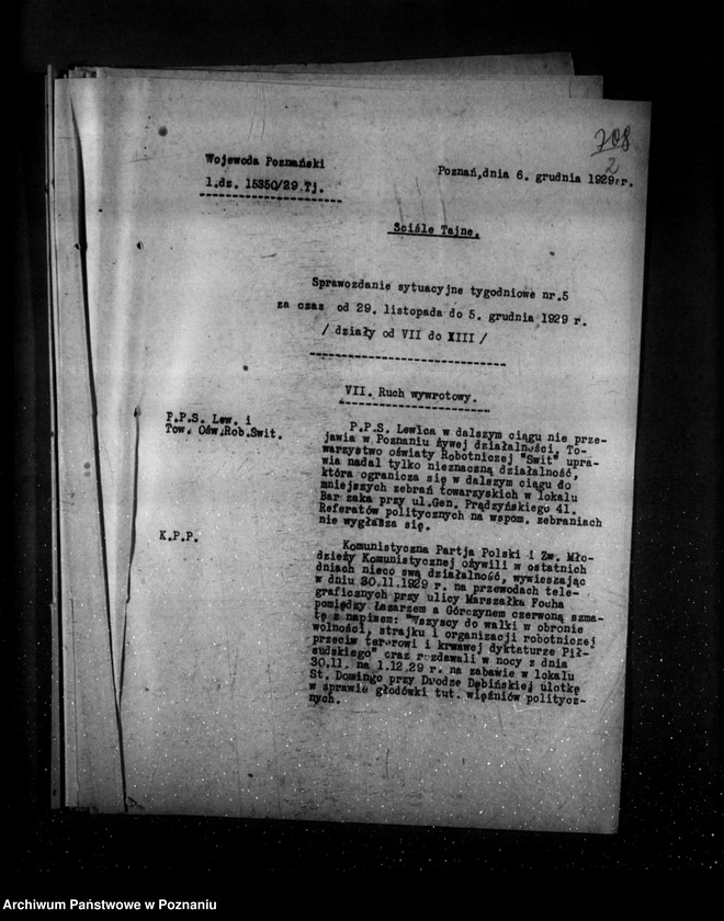 Obraz 6 z jednostki "Sprawozdania sytuacyjne tygodniowe za czas od 29 listopada 1929 r. do dnia 2 stycznia 1930 r. /nr 5-9/ działy VII-XIII"