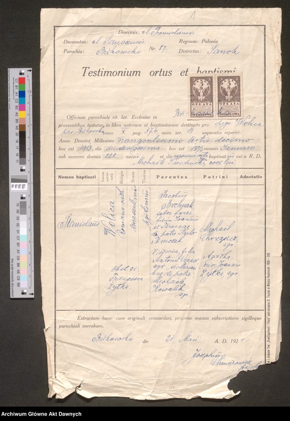 image.from.unit "Parafia: Bukowsko (pow. sanocki, woj. podkarpackie). Świadectwo urodzenia i chrztu, ur. 18 I 1913 r. we wsi Wolica, wyst. przez proboszcza parafii."