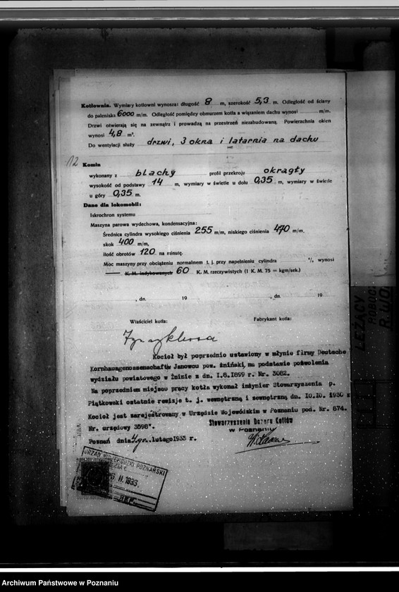 Obraz 16 z jednostki "Tartak w Czarnkowie Ignacego Klessy nr kotła fabr. 6819 nr kotła woj. 874"