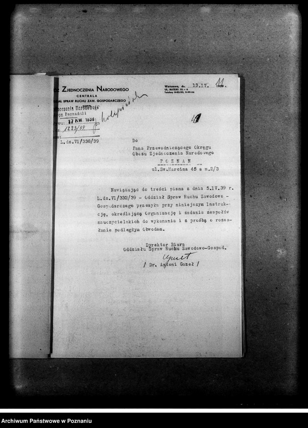 Obraz 14 z jednostki "Pisma okólne, instrukcje oraz korespondencja dotycząca organizacji i zadań zespołów nauczycielskich Obozu Zjednoczenia Narodowego. Listy obecnych na odprawach delegatów w/w sprawie"