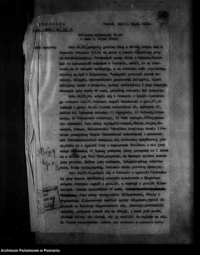 Obraz 5 z jednostki "Meldunek sytuacyjny nr 54 z dnia 1 lipca 1924 r. dotyczące ruchu zawodowego w województwie poznańskim"