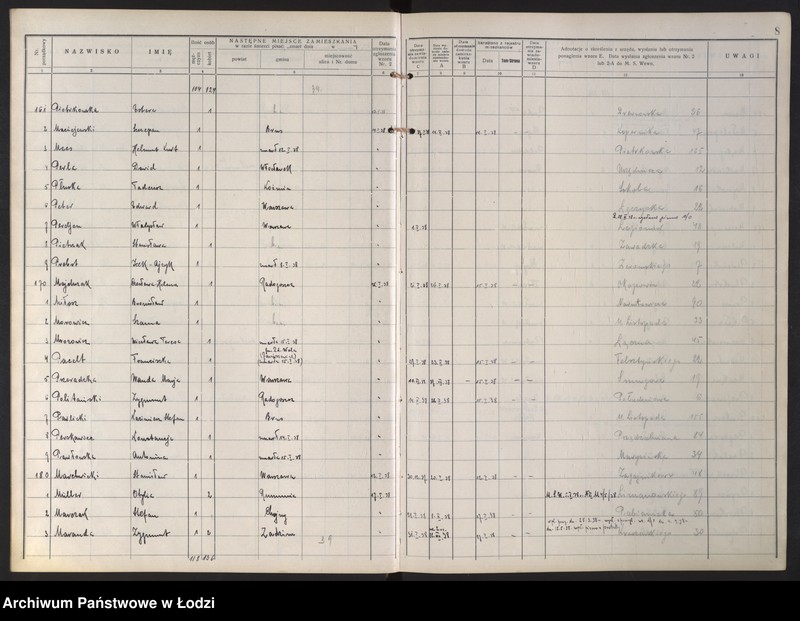 Obraz 12 z jednostki "Księga kontroli ruchu ludności (rejestr osób opuszczających gminę) Łódź, zespół V, lit. M, P"