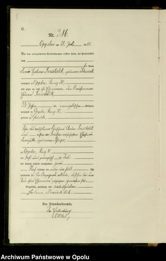 Obraz 11 z jednostki "Urząd Stanu Cywilnego w Opolu 1902 Rejestr zgonów Księga Miejscowa Nr 378 do 633"