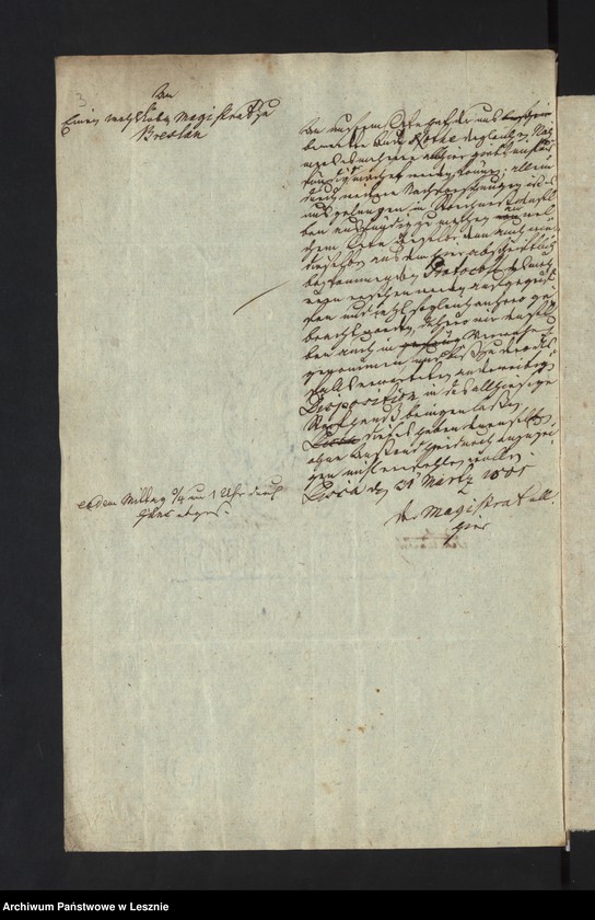 Obraz 5 z jednostki "[Akta in Sachen des zu Storchnest auf Requisition des Magistrats zu Breslau vom 24 März 1801 verhafteten, darfur gebrachten und nach Breslau transportierten allhiesigen Schutzjuden Nathan Knoff]"