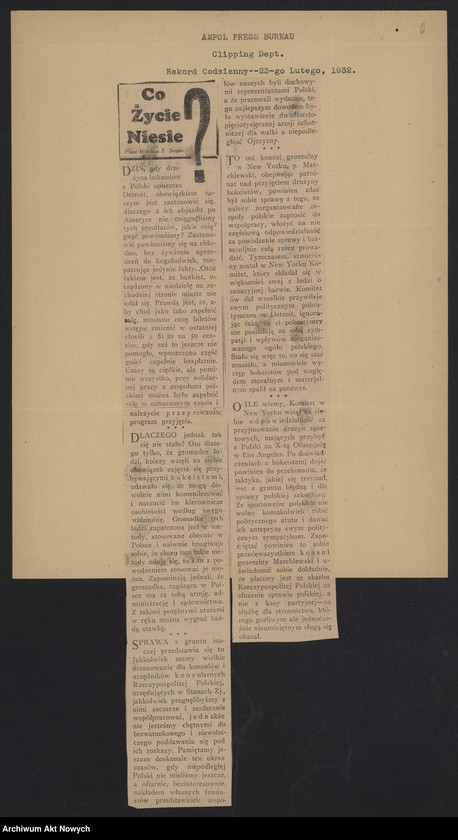 image.from.unit.number "Kamieński Bronisław; Załączniki: 1) wycinki prasowe; 2) artykuł Alskiego (redaktor "Pittsburczanin Daily") z dn. 15 III 1934 r.; 3) tekst mowy sen. Millard