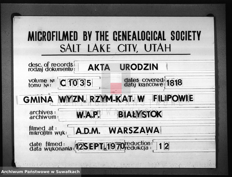 Obraz 1 z jednostki "Akta Urodzonych Gminy Filipowskiey od Dnia 1-go Stycznia 1818 R-u"