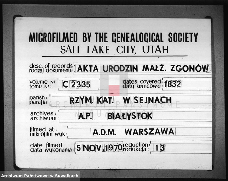 image.from.unit.number "Duplikat zawierający akta urodzonych, zaślubionych i umarłych parafii seyneńskiey z 1832 roku"