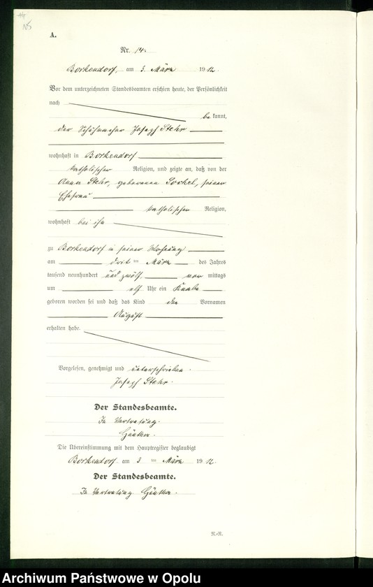 Obraz 19 z jednostki "Geburts-Register (Neben-Register) Standesamt Borkendorf 1912 No. 1 bis 73."